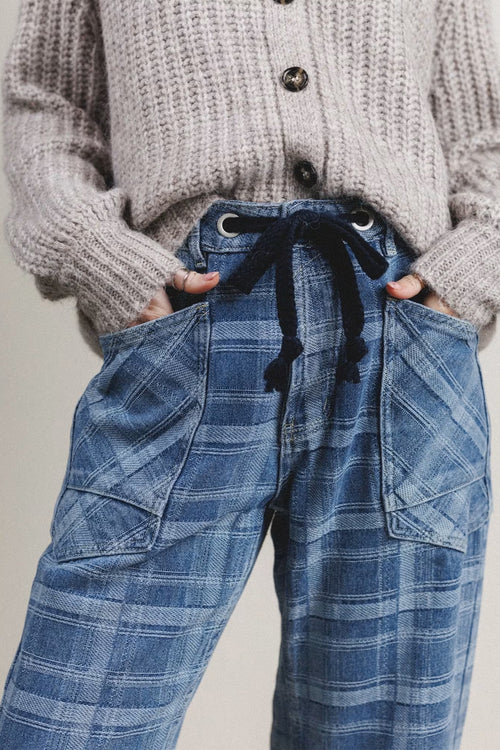 Blue Plaid Drawstring Barrel Jeans