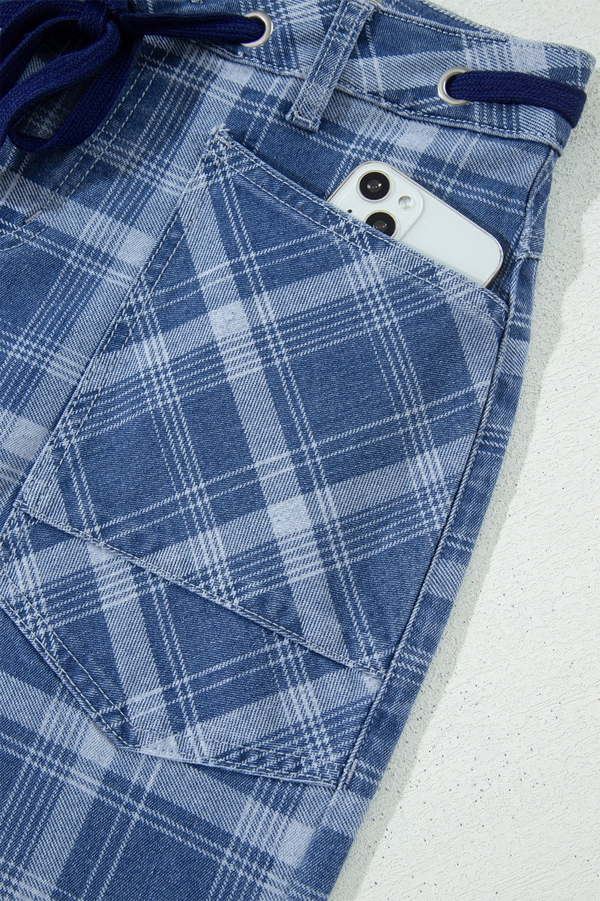 Blue Plaid Drawstring Barrel Jeans