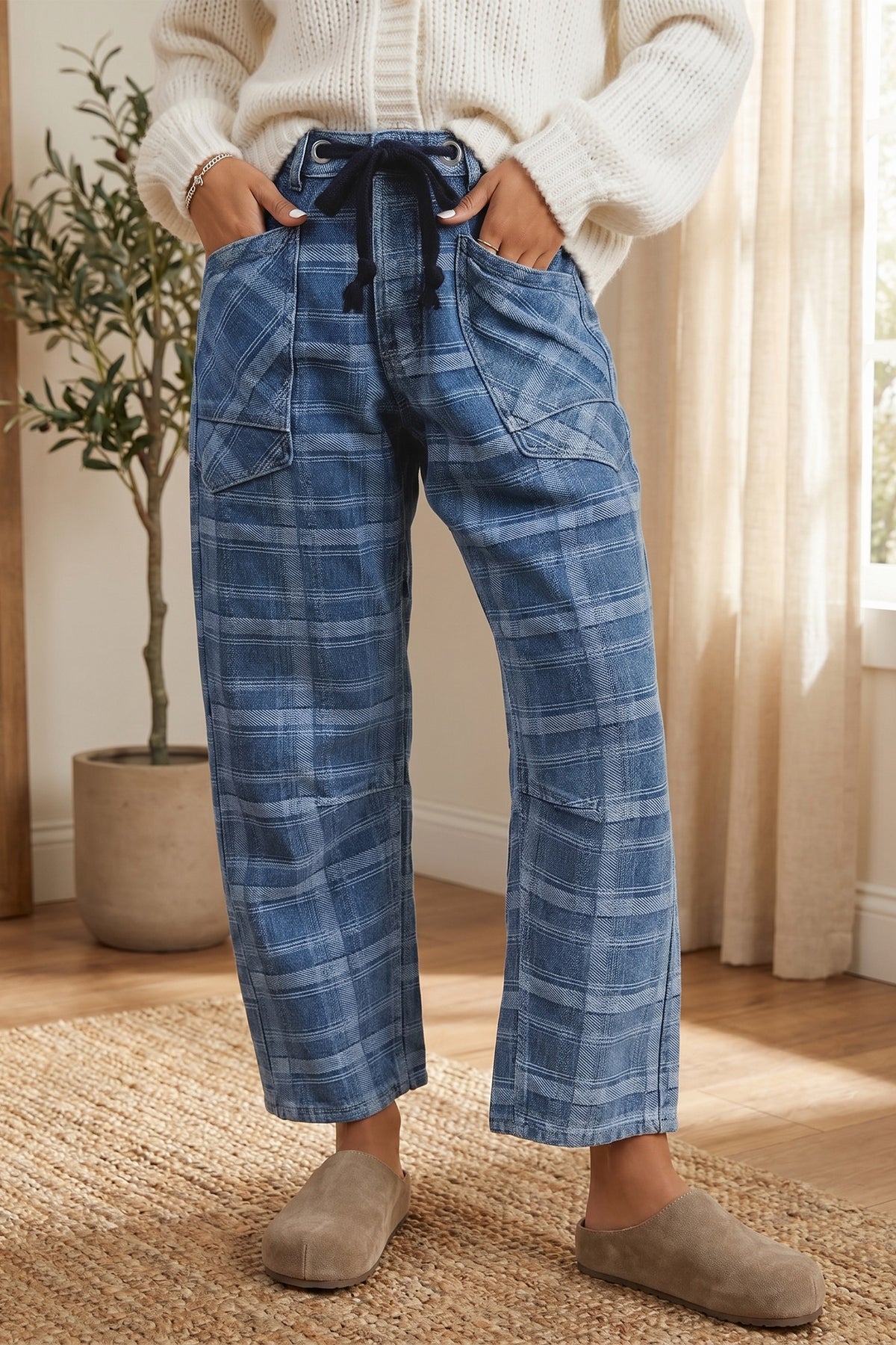 Blue Plaid Drawstring Barrel Jeans