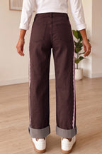 Chocolate & Pink Lace Trim Wide-Leg Jeans
