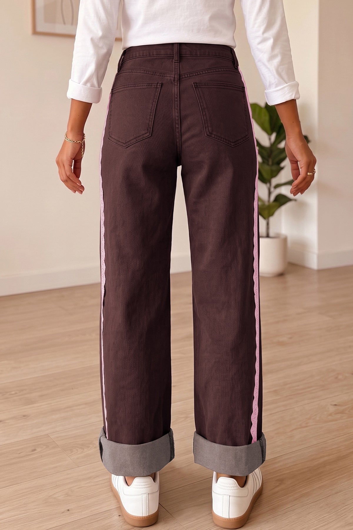 Chocolate & Pink Lace Trim Wide-Leg Jeans