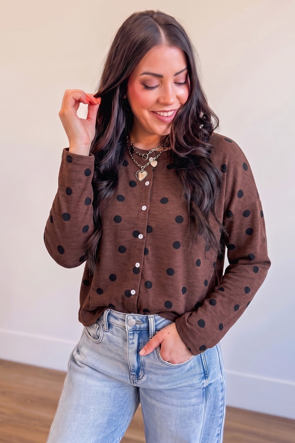 Cocoa Dot Button-Up Top