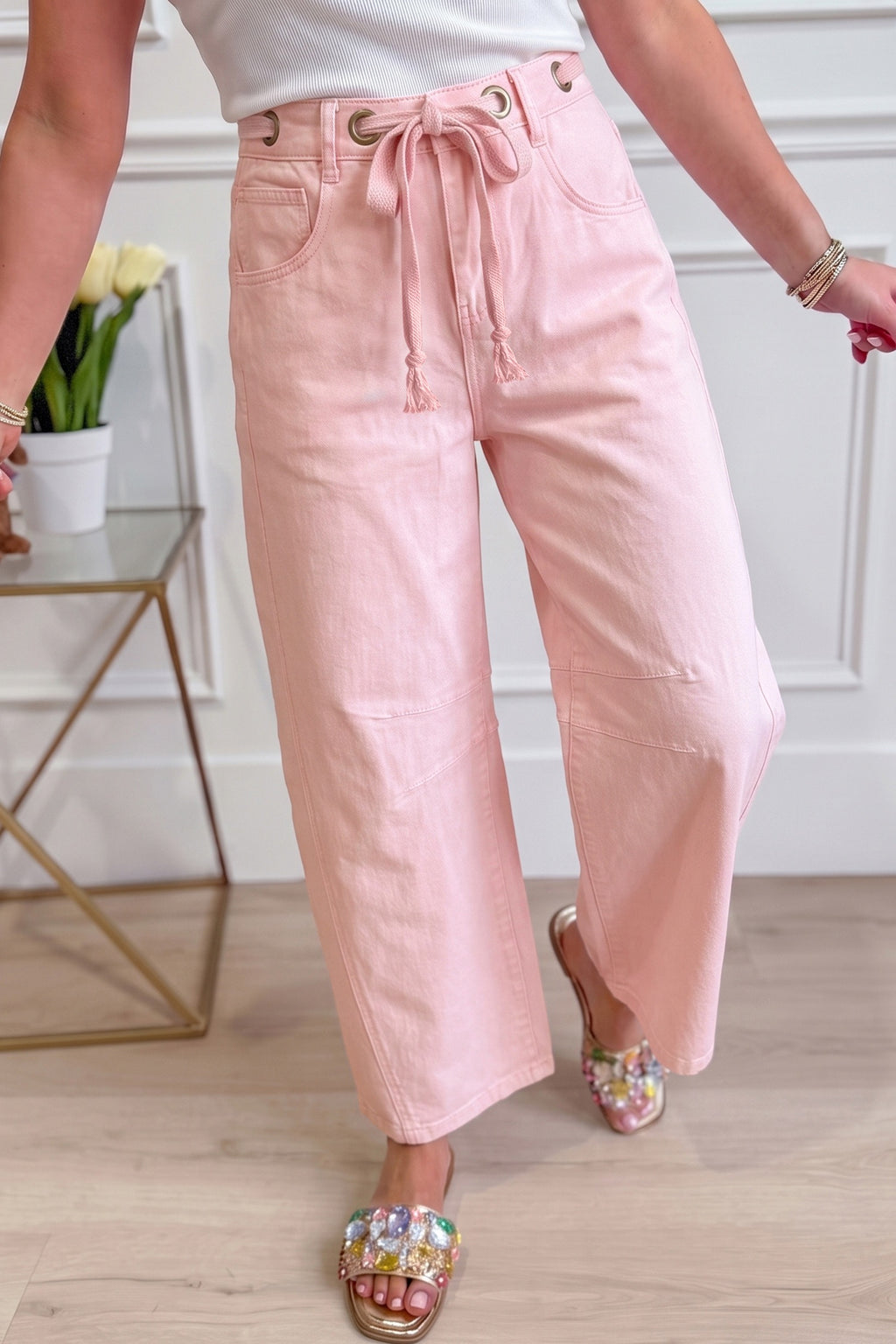 Pretty in Pink Drawstring Barrel Jeans