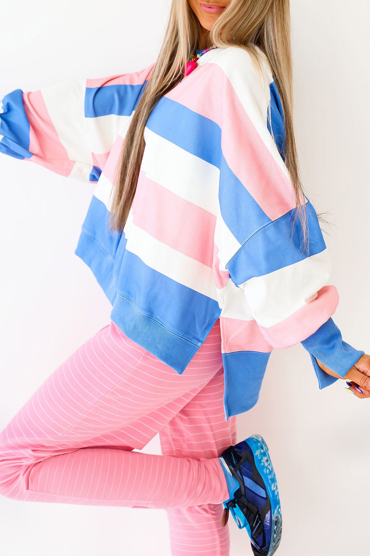 Pink & Blue Colorblock Stripe Sweatshirt