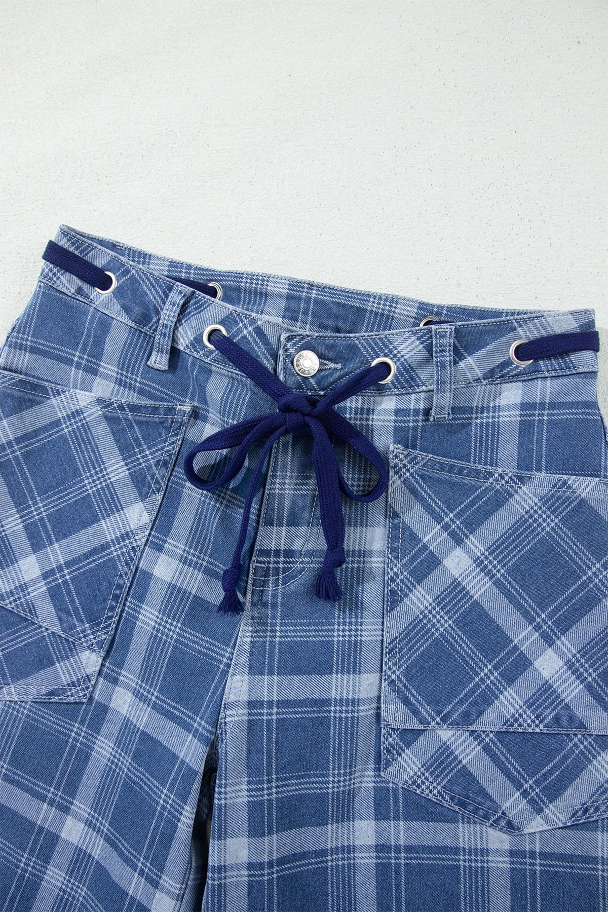 Blue Plaid Drawstring Barrel Jeans