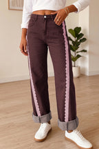 Chocolate & Pink Lace Trim Wide-Leg Jeans