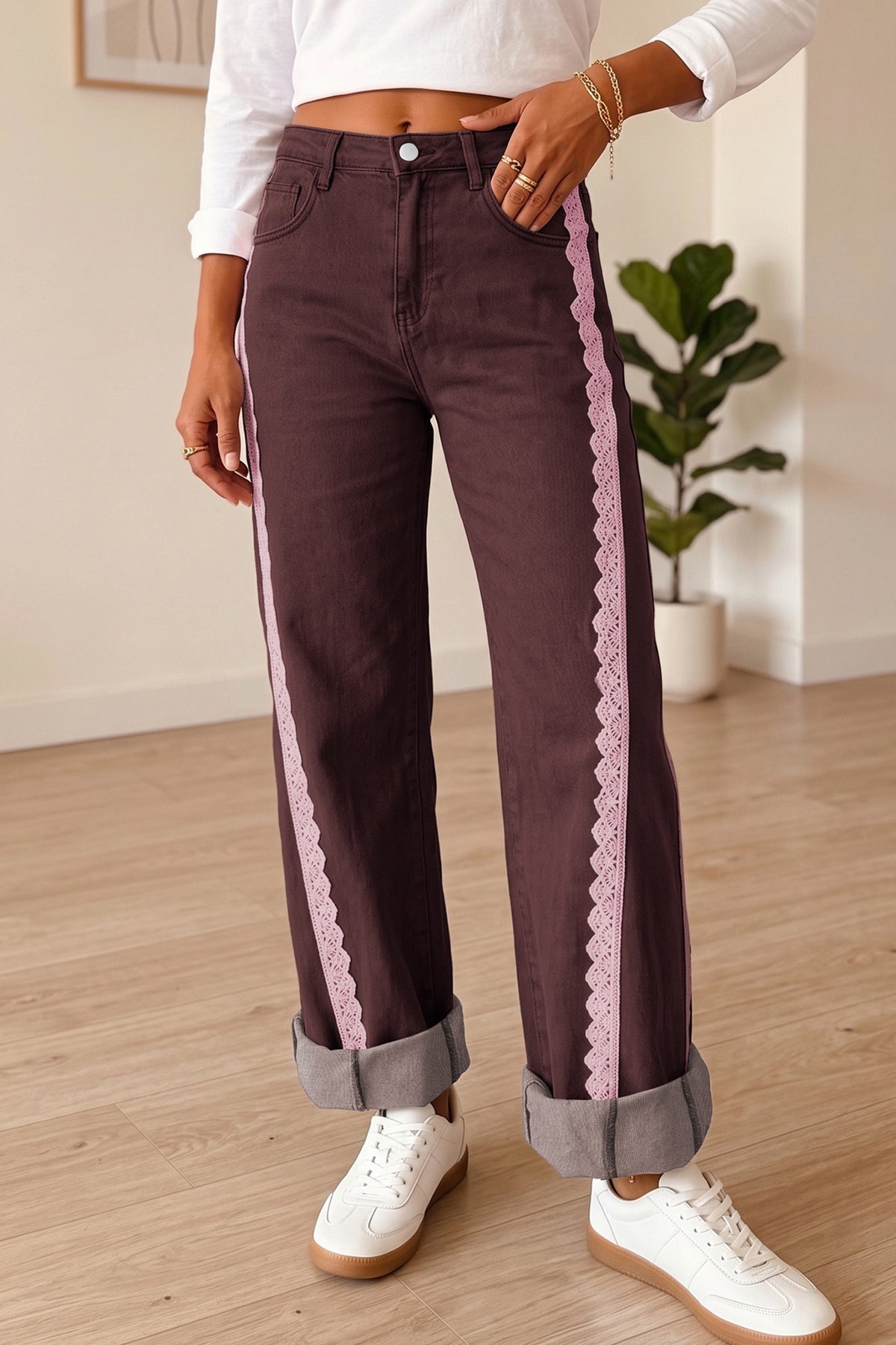 Chocolate & Pink Lace Trim Wide-Leg Jeans