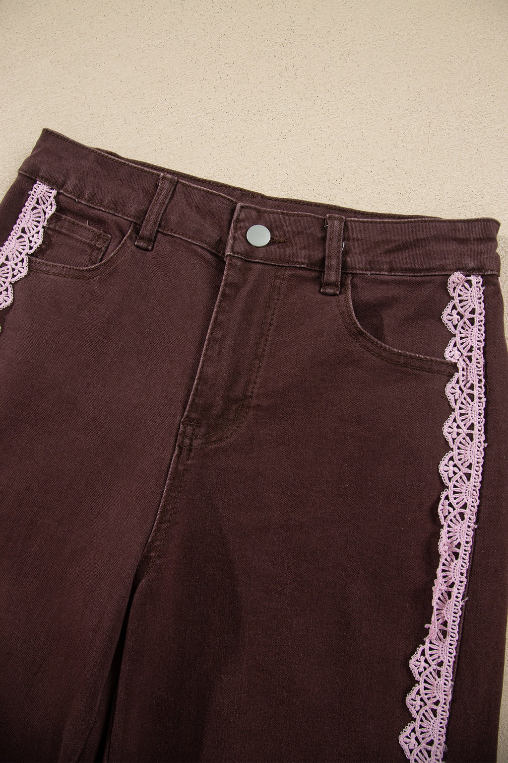 Chocolate & Pink Lace Trim Wide-Leg Jeans