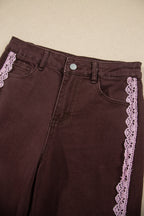 Chocolate & Pink Lace Trim Wide-Leg Jeans