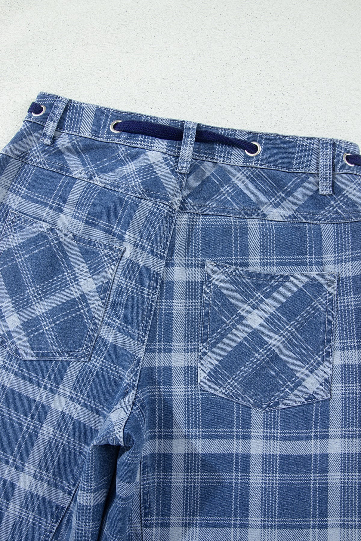 Blue Plaid Drawstring Barrel Jeans