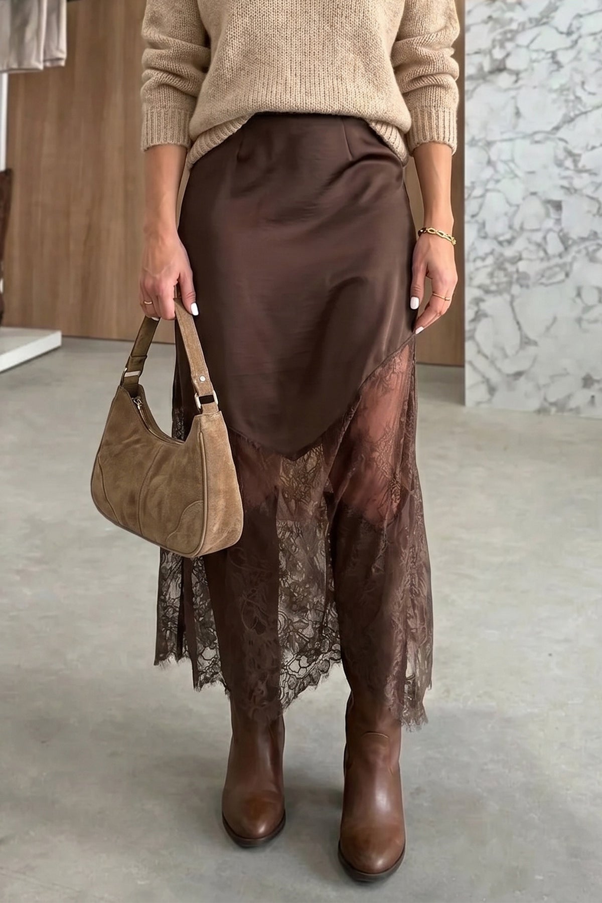 Cocoa Lace Hem Midi Skirt