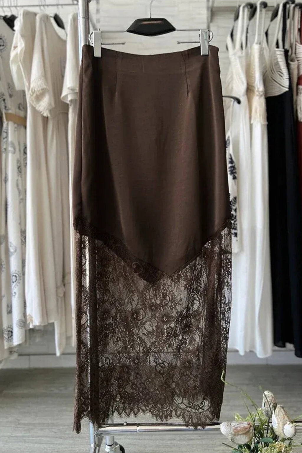 Cocoa Lace Hem Midi Skirt