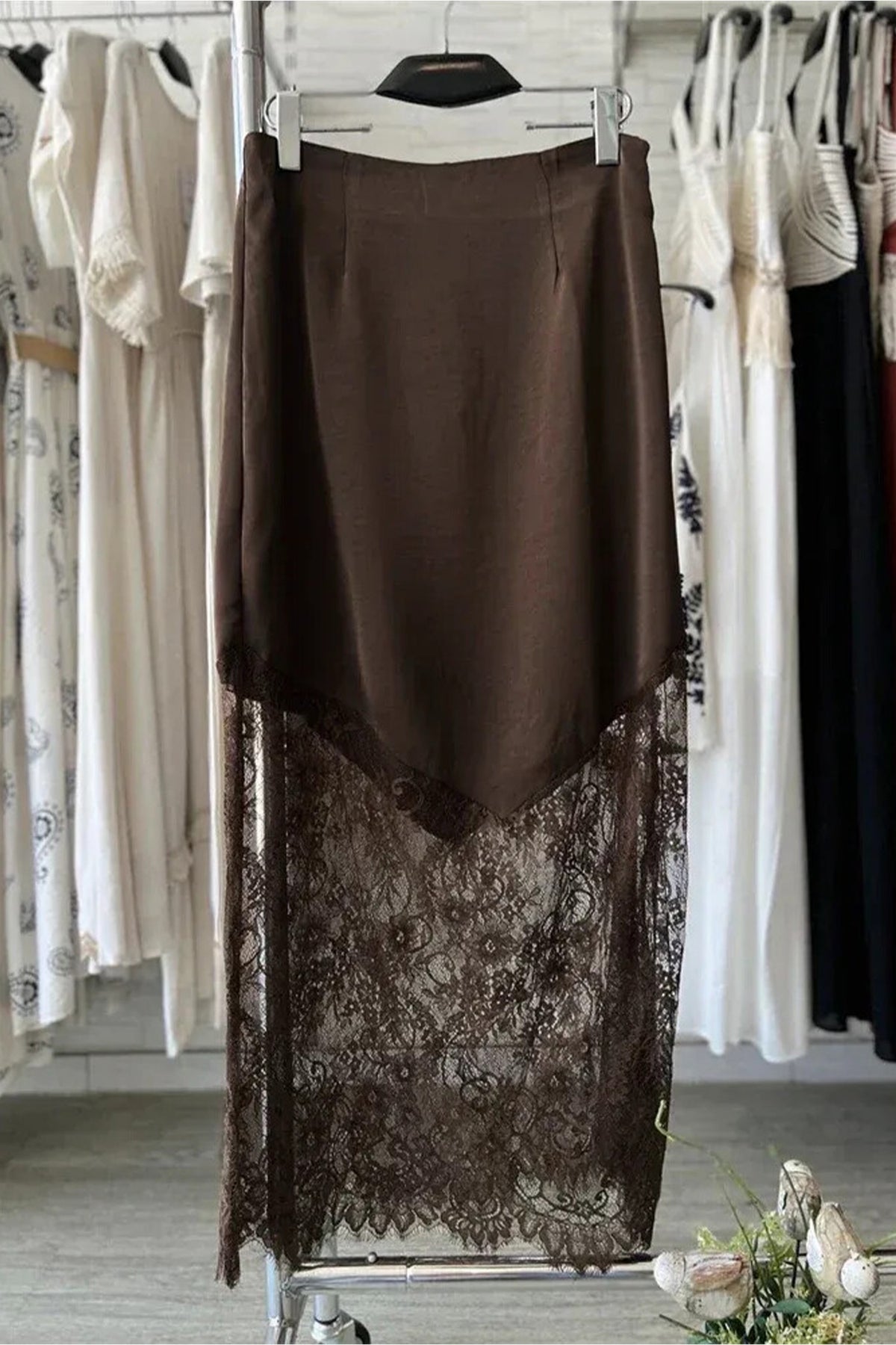 Cocoa Lace Hem Midi Skirt