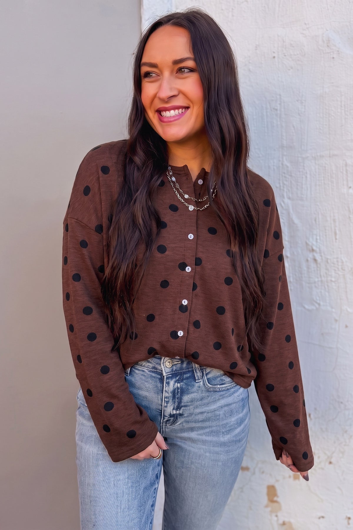 Cocoa Dot Button-Up Top