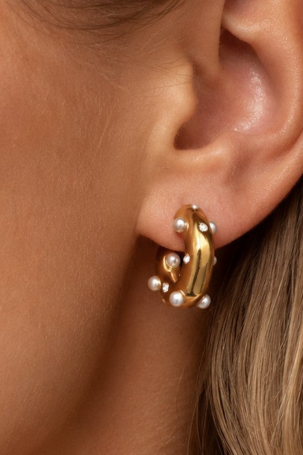 Pearl & Pave Gold Hoop Earrings